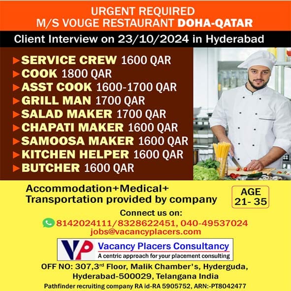 Restaurant Jobs| Job openings in Doha, Qatar at Vogue Restaurant for service crew, cooks, and more