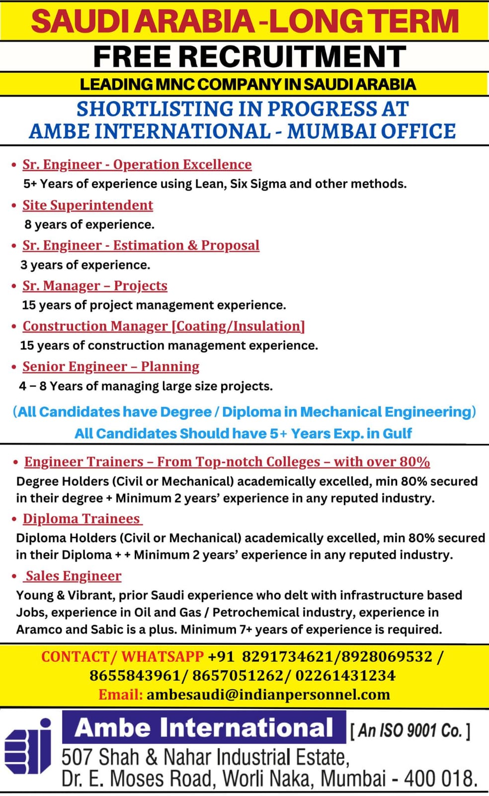 Site Superintendent Jobs| Long-term job openings in Saudi Arabia for engineers, managers, and sales professionals