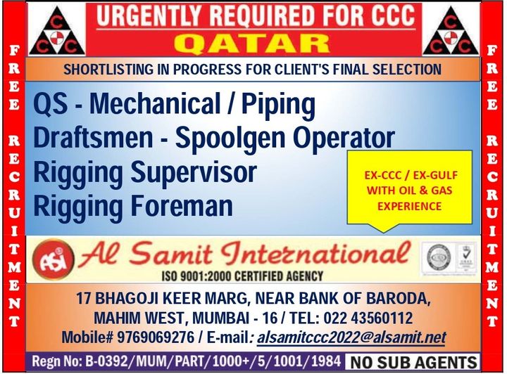 Rigging Supervisor Jobs| Job openings for QS, Draftsmen, Rigging Supervisor, and Foreman in Qatar’s Oil & Gas projects