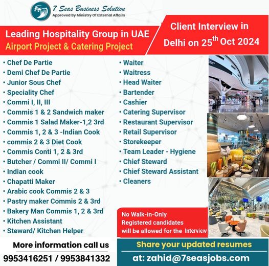 Airport Jobs| Job openings for hospitality and catering roles in UAE with client interviews in Delhi