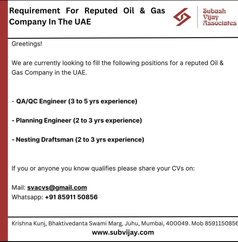 Planning Engineer Jobs| Hiring for QA/QC Engineers, Planning Engineers, and Draftsmen for Oil & Gas company in UAE