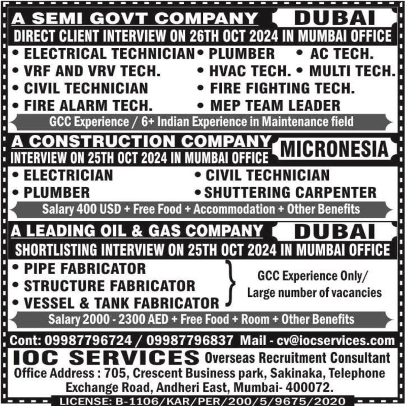 International jobs| International job openings for Dubai and Micronesia - Direct Client Interviews in Mumbai