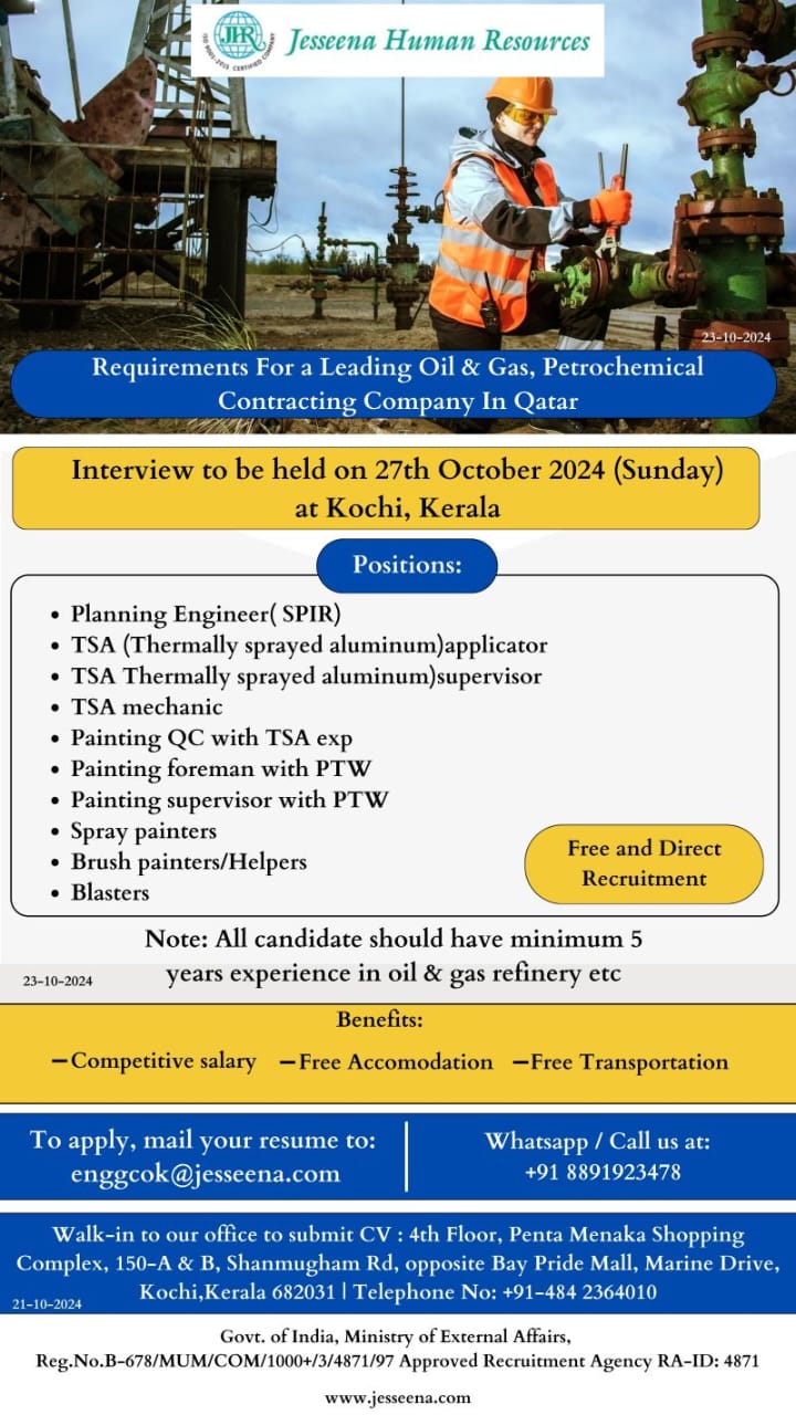 Engineering jobs in Qatar| Job openings in Qatar for oil & gas sector - Direct recruitment interview in Kochi