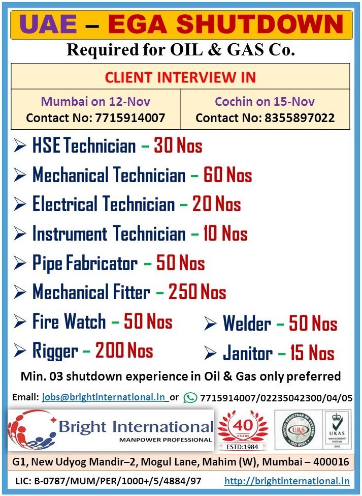 UAE Shutdown Jobs| Job openings for Oil & Gas shutdown in UAE - Bright International