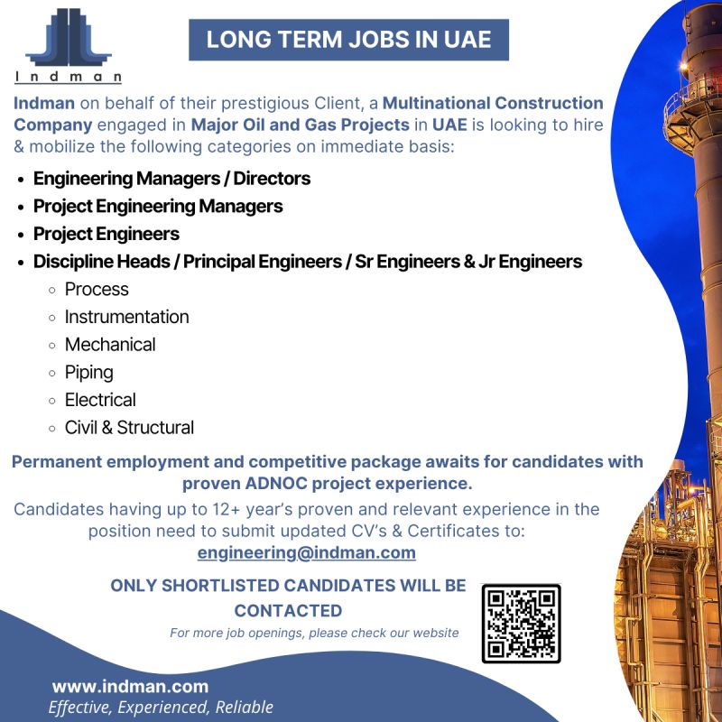 Engineering Jobs In UAE| Engineering Jobs in UAE for Oil & Gas Projects by Indman