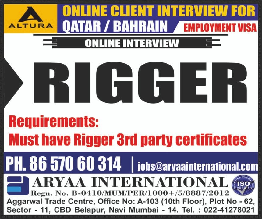 Rigger Job| Rigger job openings for Qatar and Bahrain with online interview process