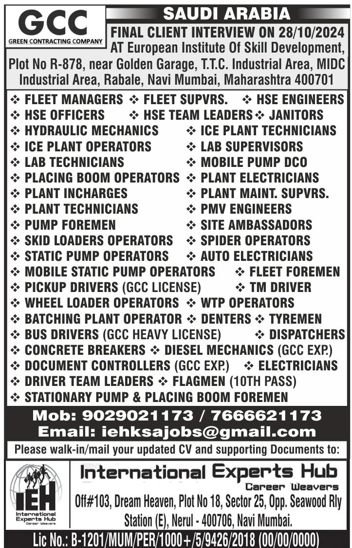 HSE Jobs| Jobs in Saudi Arabia with Green Contracting Company, Final interview in Navi Mumbai