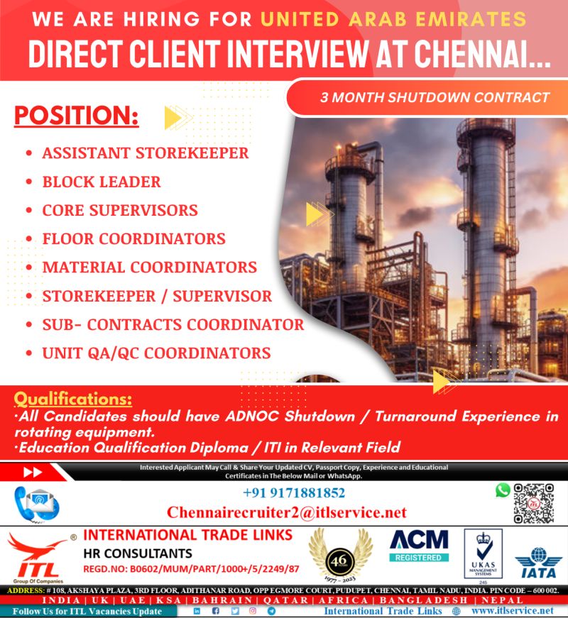 Shutdown Job| Hiring for ADNOC shutdown project in UAE with direct interview in Chennai