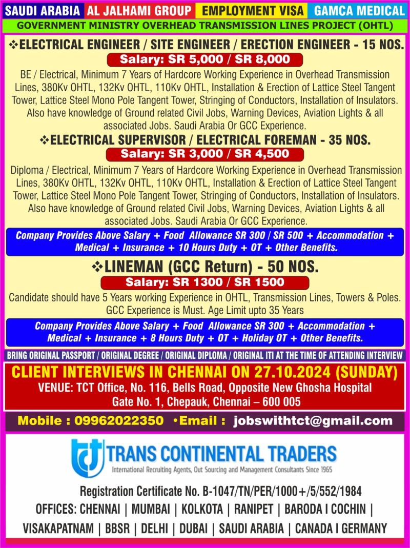 Electrical Supervisor Jobs| Electrical engineers and linemen required for Saudi Arabia OHTL project