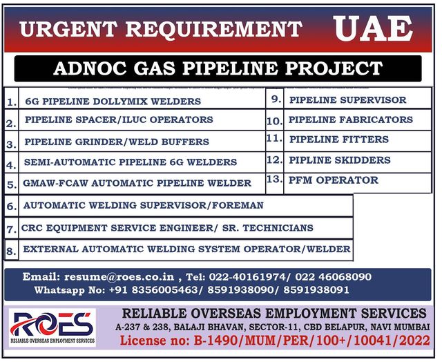 Gas Pipeline Jobs| Urgent hiring for ADNOC gas pipeline project in UAE