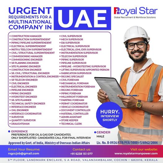 Construction Jobs UAE| Urgent hiring for a multinational company in UAE, oil & gas candidates preferred