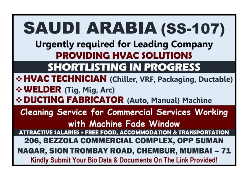 Saudi Job Hiring| HVAC Technician, Welder, and Ducting Fabricator Jobs in Saudi Arabia with Free Benefits