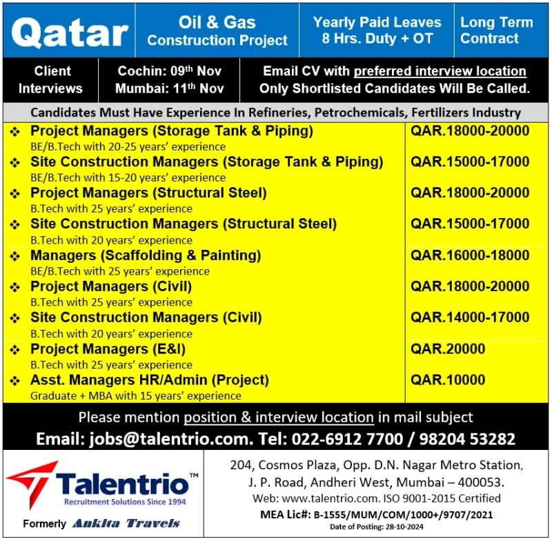 Project Manager Job| Talentrio Recruitment Solutions - Qatar Oil & Gas Construction Jobs