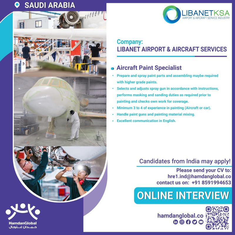 Aircraft Jobs| Aircraft Paint Specialist job opportunity at Libanet Airport & Aircraft Services in Saudi Arabia