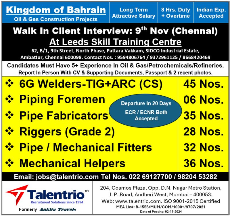 Bahrain Construction Jobs| Job Vacancies in Bahrain Oil & Gas Construction Projects - Chennai Walk-in Interview