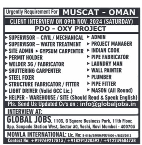 Muscat Jobs| Urgent Job Openings in Muscat Oman - Client Interview on 9th Nov 2024