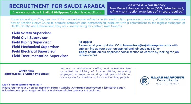 Refinery Job| Saudi Arabia Oil & Gas Refinery Supervisor Jobs – Rajab Manpower Consultants