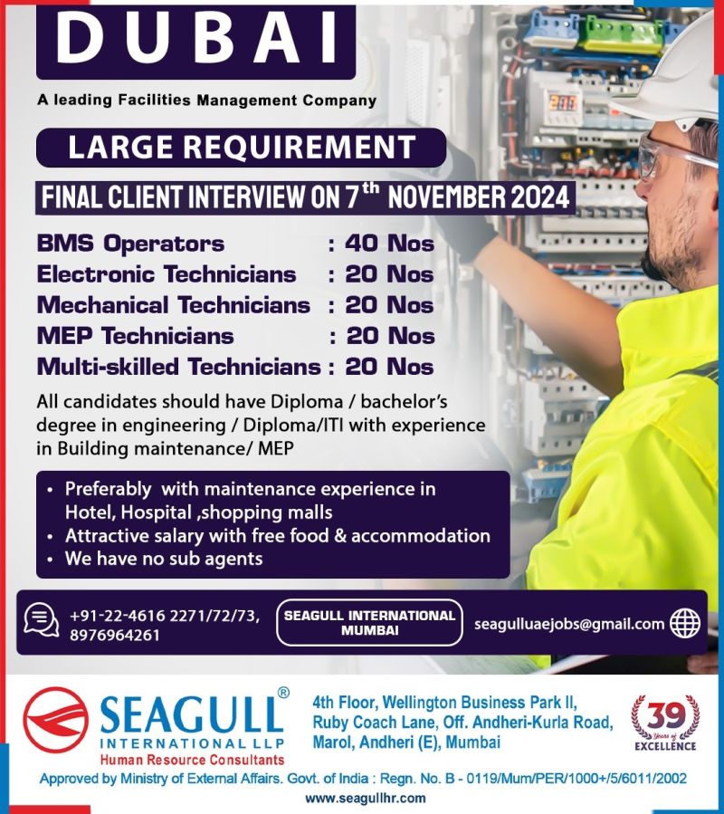 Management Jobs Dubai| Dubai Job Openings for Technicians in Facilities Management - Seagull International